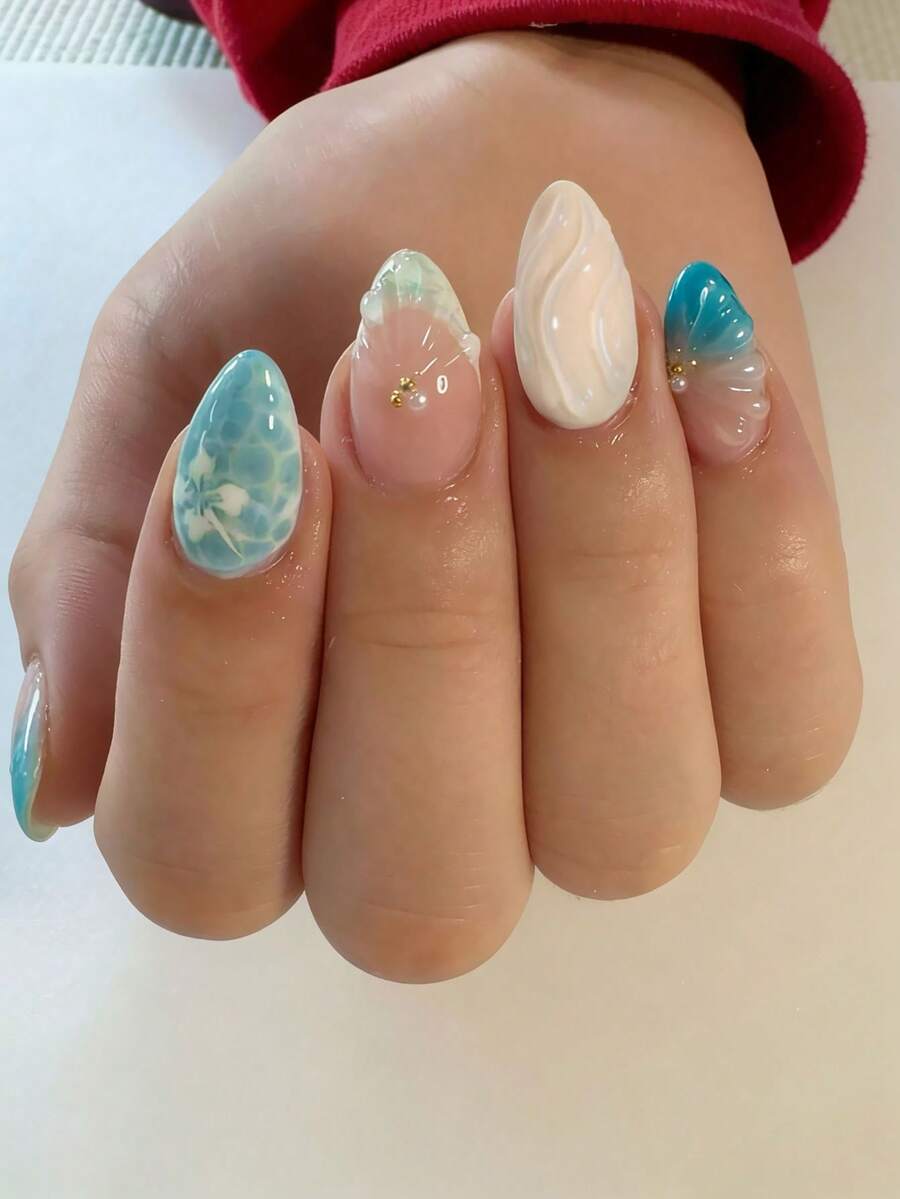 Resin Art Sticker - 24pcs Short Almond 3D Gel Nail